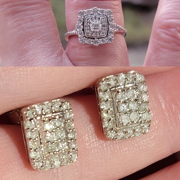 White Diamond Ring, (Size 6 & 1ctw) & White Diamond Earring 1.5ctw Set - Picture 1 of 10
